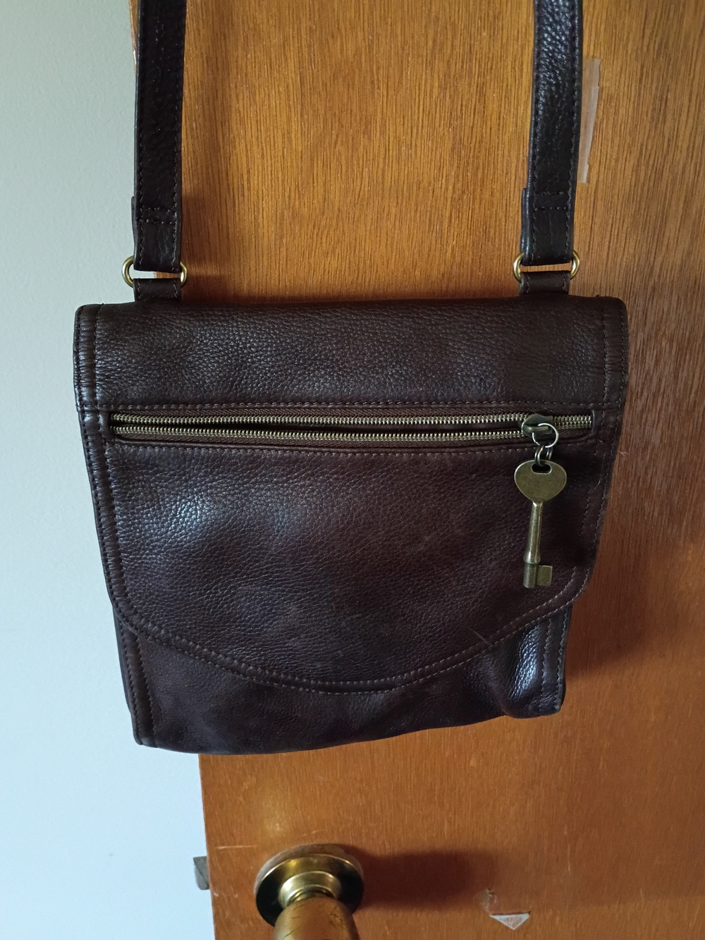 Fossil Brown Pebbled Leather Crossbody with Key Charm